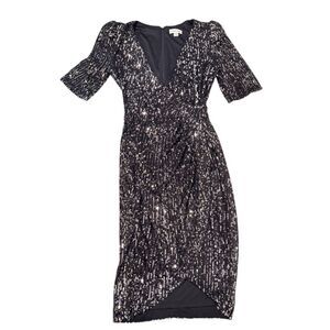 Calvin Klein Women Size 6 Black Silver Sequin V-Neck Short Sleeve Tulip Dress